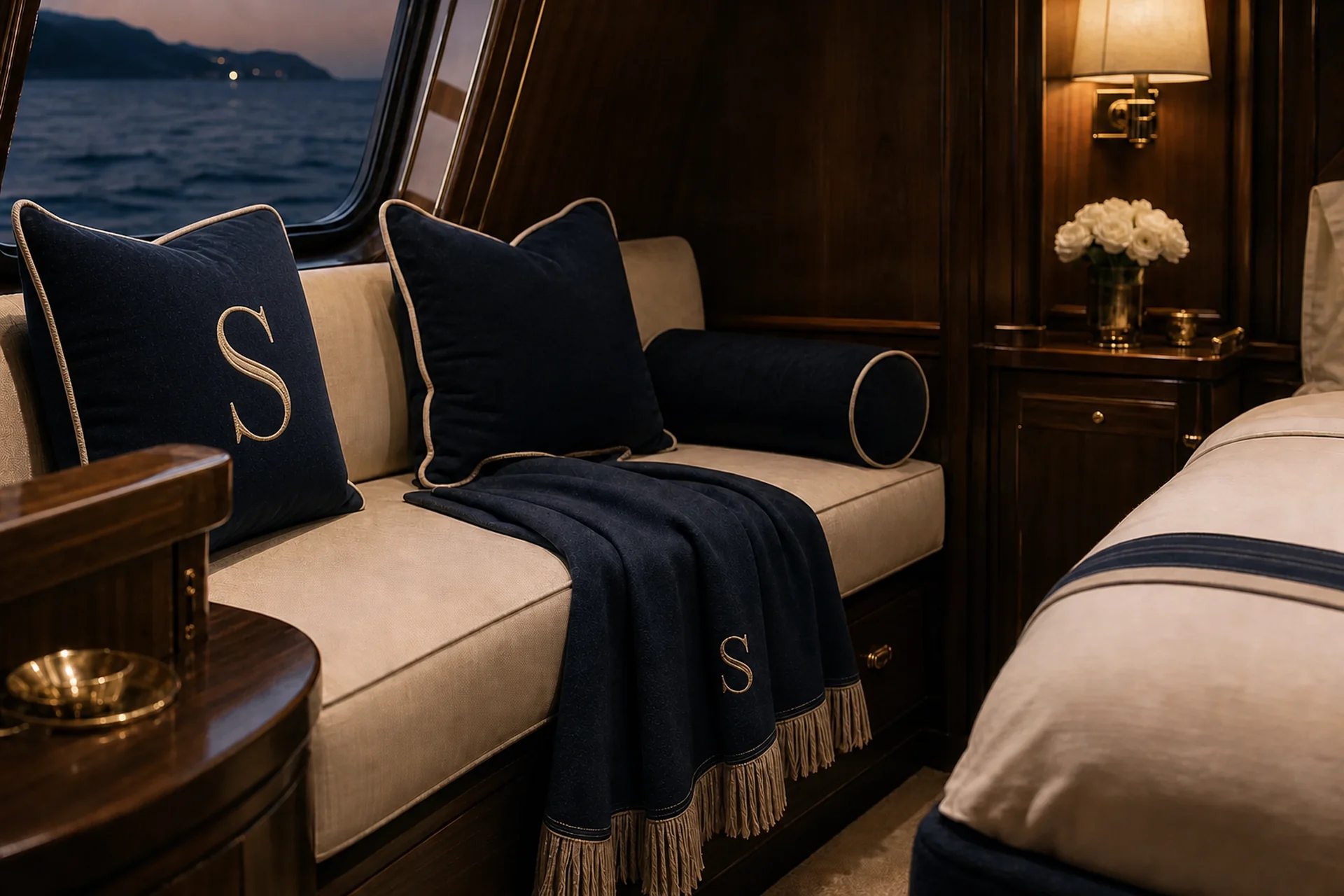Decorative cushions, lounge throw, bolster, and coordinated yacht cabin textile details
