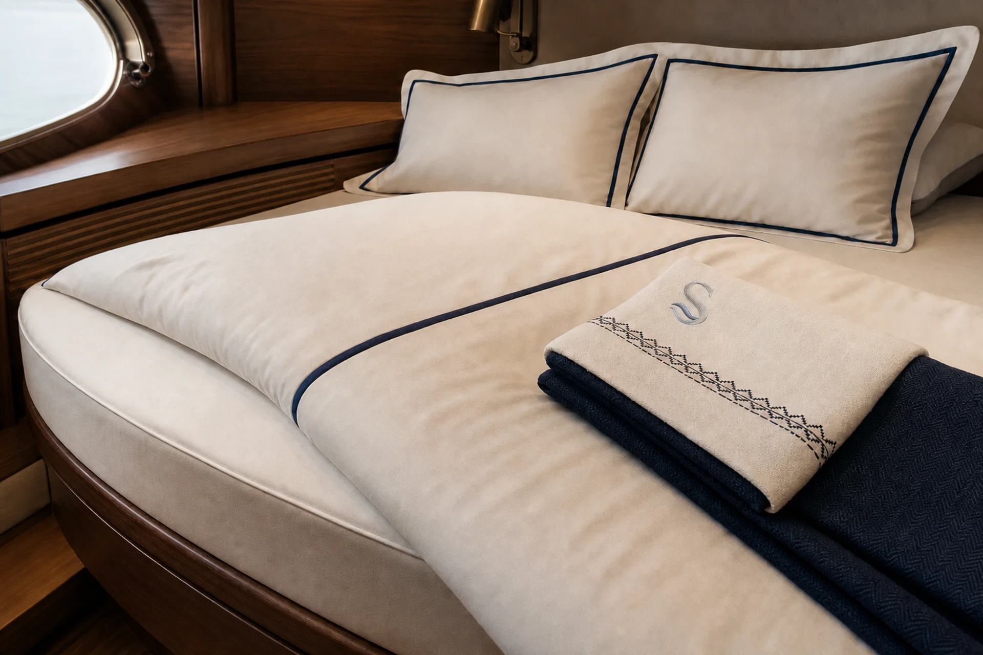 Tailored ivory sheets, duvet cover, shams, coverlet, and embroidery detail on a curved yacht berth
