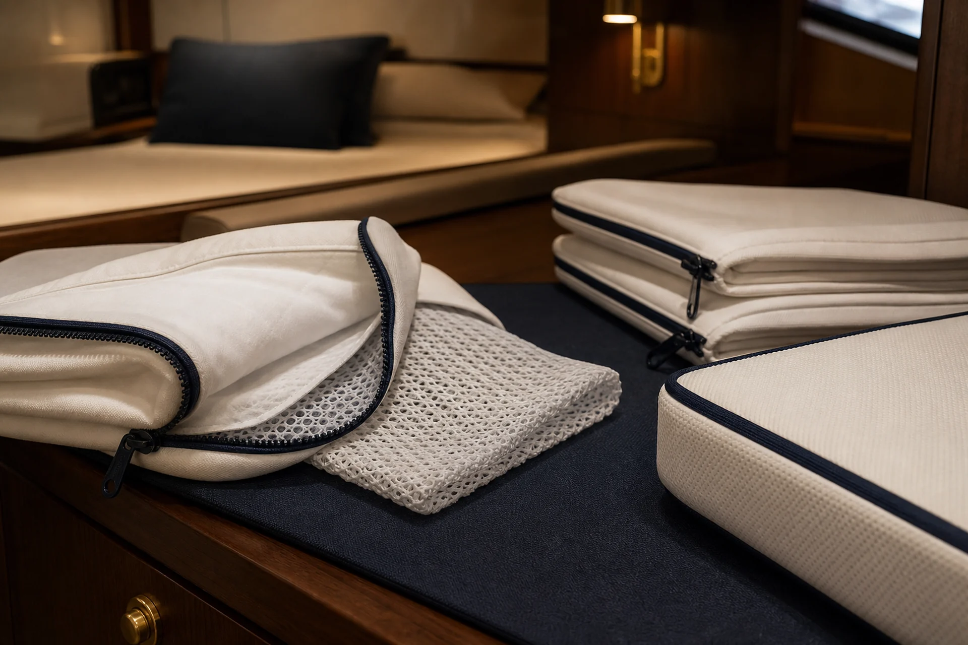 Tailored protective sleep-system cover, spacer mesh, zipper detail, and spare covers in a yacht cabin