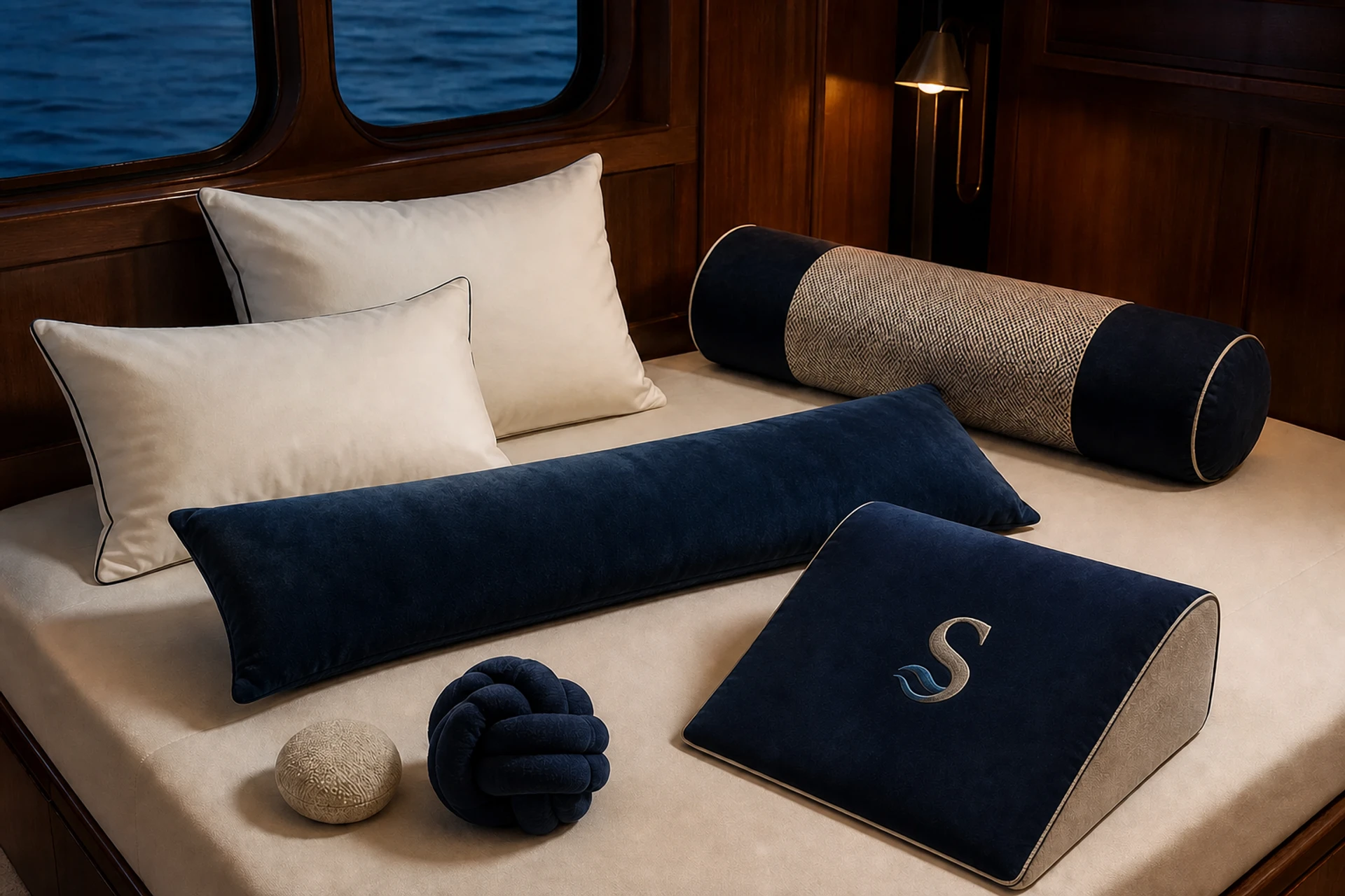 Sopor sleep pillows, a body pillow, bolster, and reading wedge arranged on a yacht berth