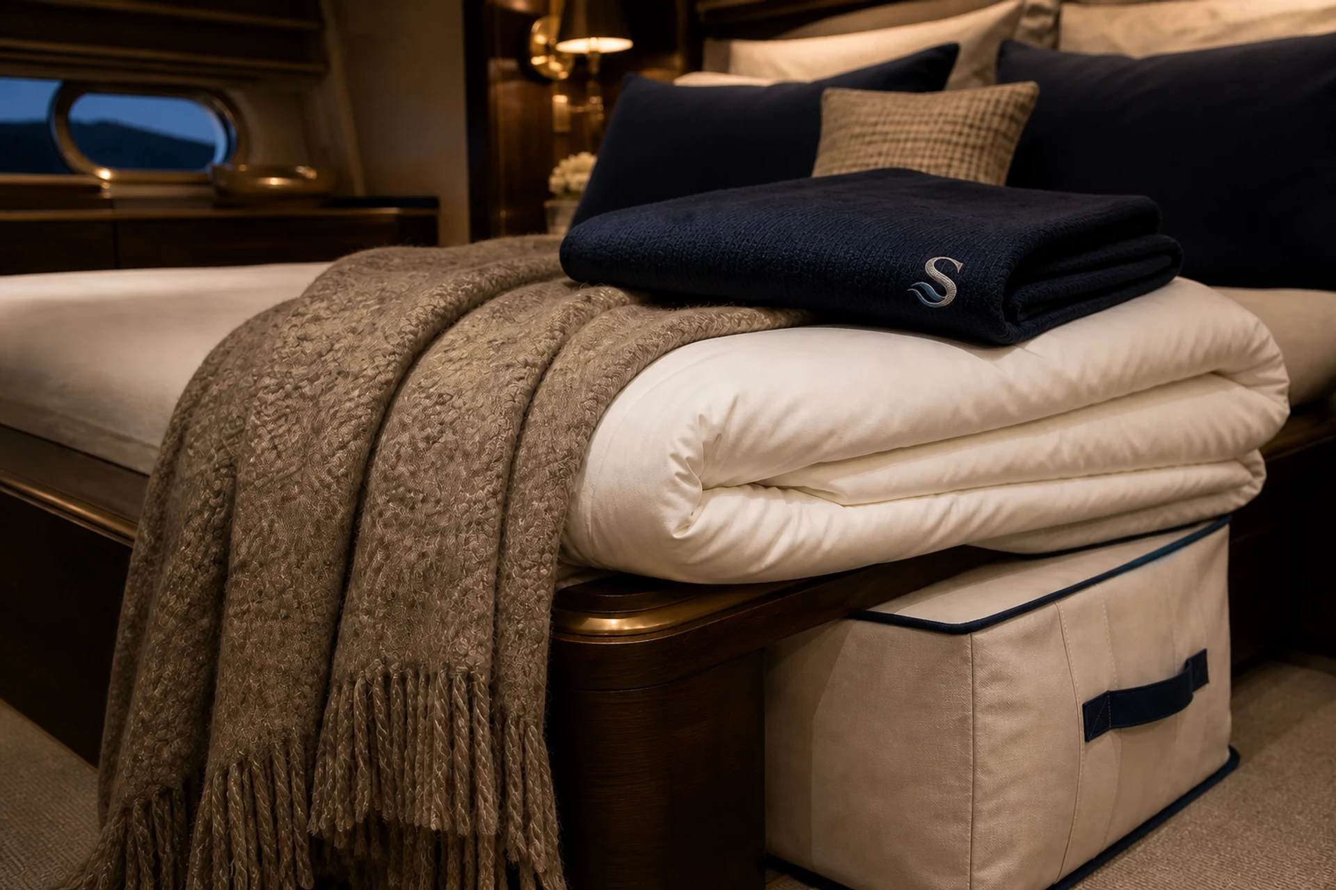 Layered yacht bed dressing with an alpaca throw, duvet insert, and tailored seasonal storage bag