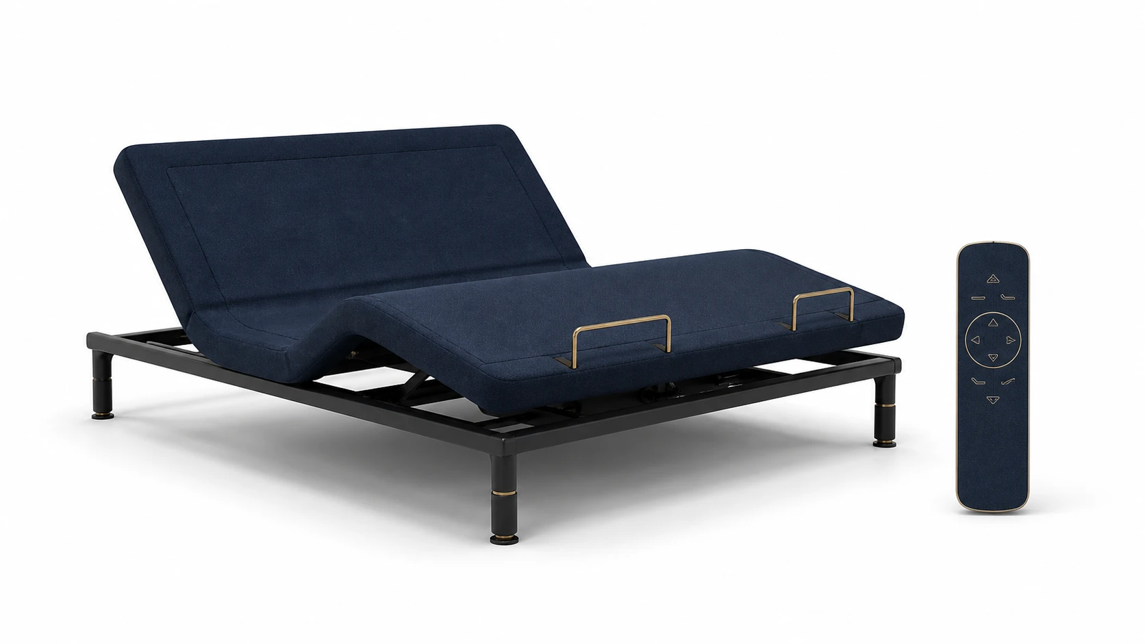Sopor concept adjustable base with navy upholstered deck, matte marine-grade frame, brass details, and wireless remote on a white background