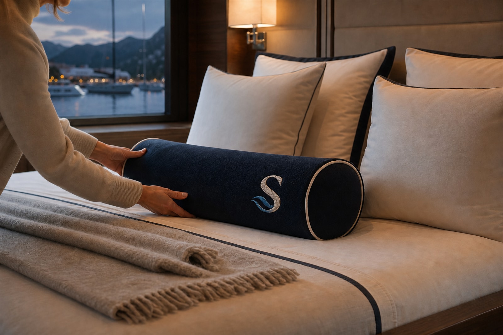 A navy bolster being arranged among tailored pillows and linens aboard a yacht