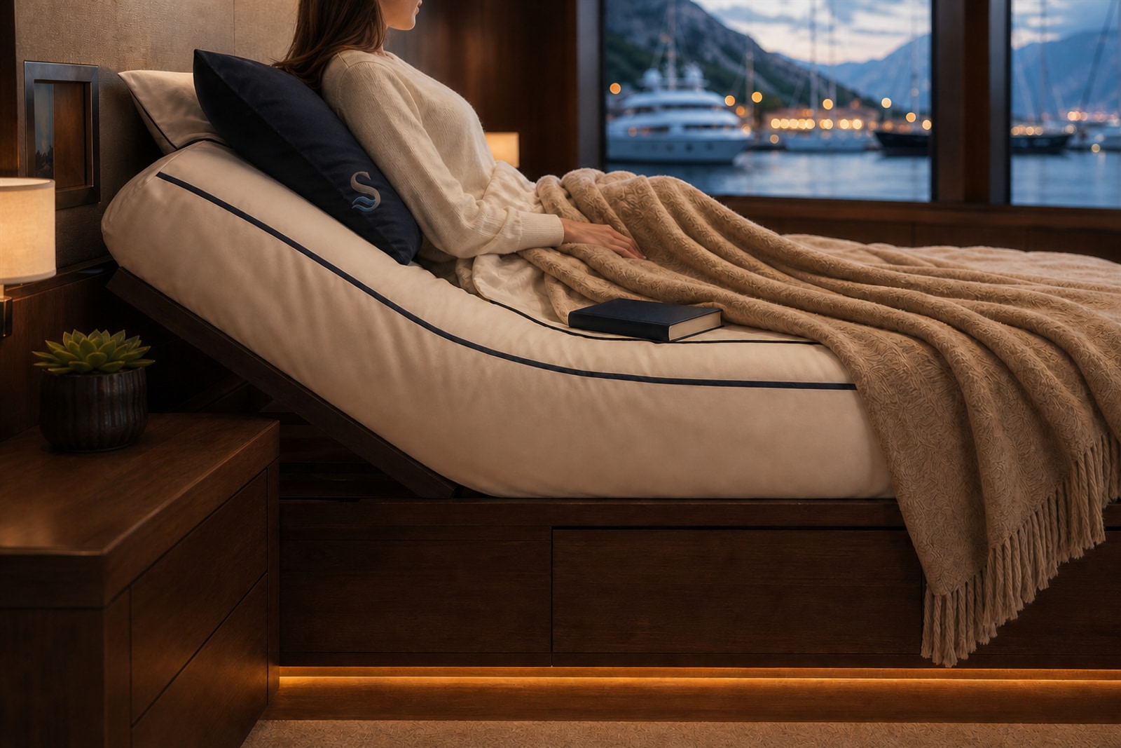 A tailored marine berth elevated into a relaxed reading position