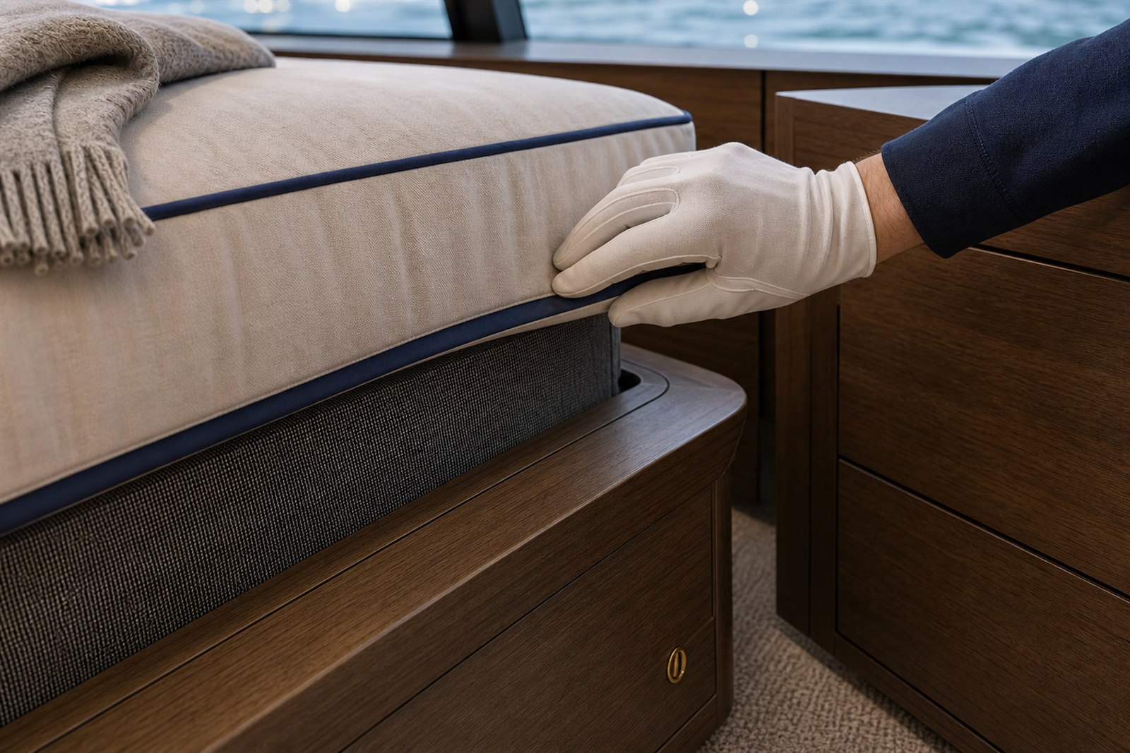 A craftsperson inspecting the fitted edge and ventilation detail of a yacht berth