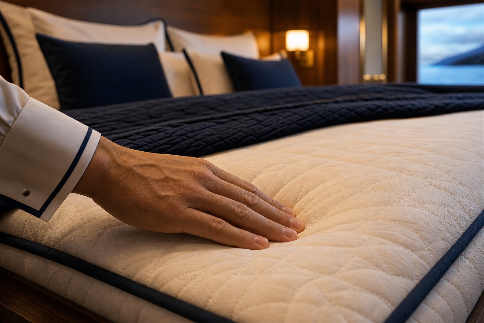 A hand testing the quilted comfort surface of a tailored marine sleep system