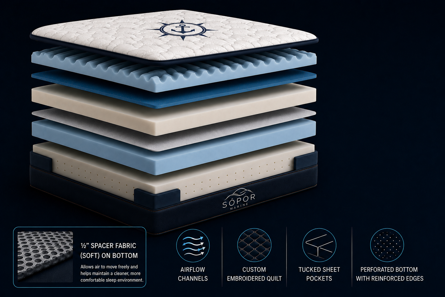 Exploded Sopor Marine sleep system showing tailored surface, breathable spacing, comfort layers, and a marine foundation