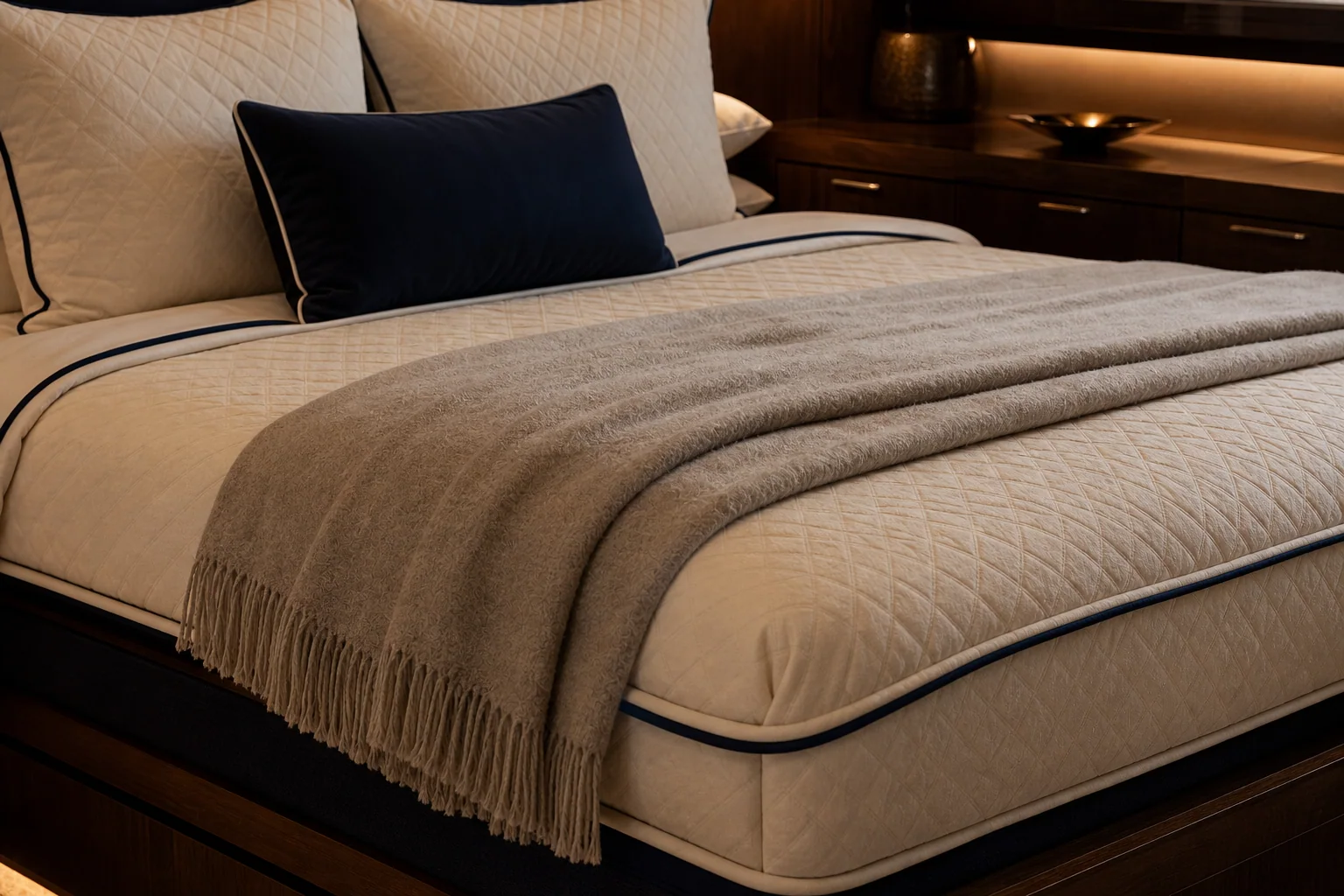 Tailored yacht bedding with textured ivory fabric, dark piping, and layered comfort materials