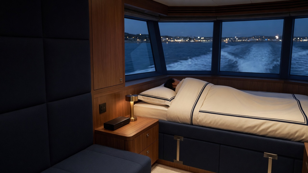 A quiet occupied yacht berth with tailored bedding and an active sea visible through the cabin windows