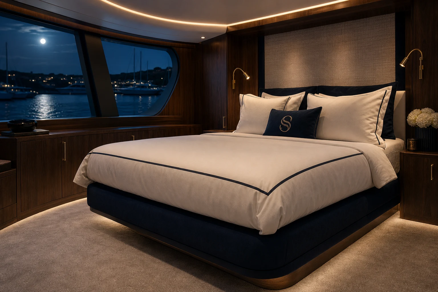 A fully made Sopor Marine berth in a moonlit yacht cabin