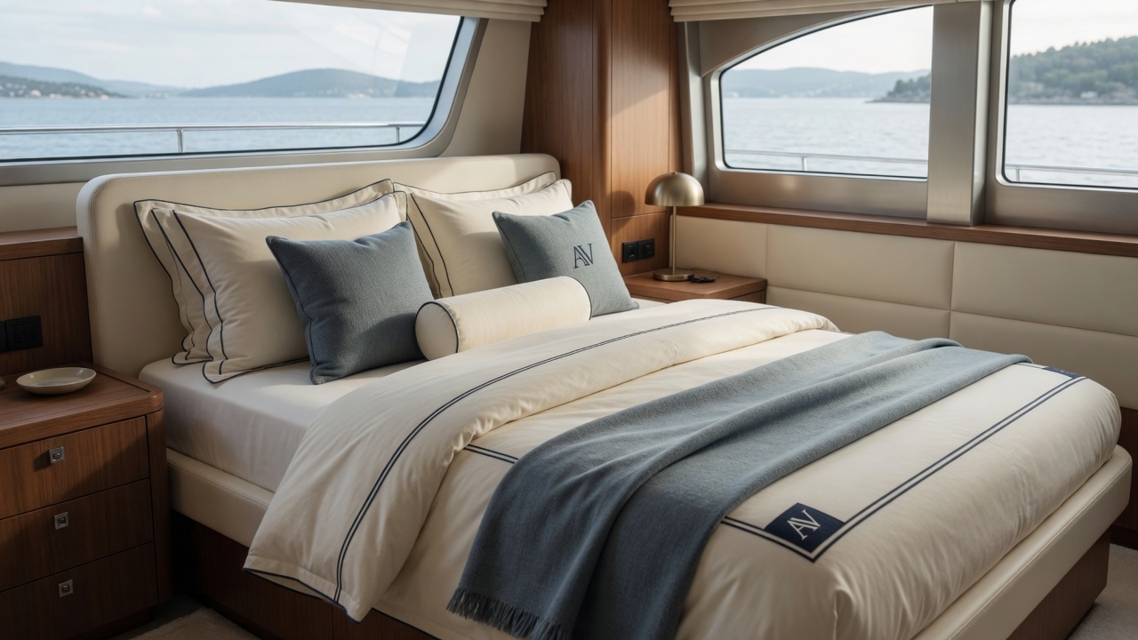 A fully finished yacht bedscape with custom-fitted ivory linens, navy piping, and layered tailored accessories