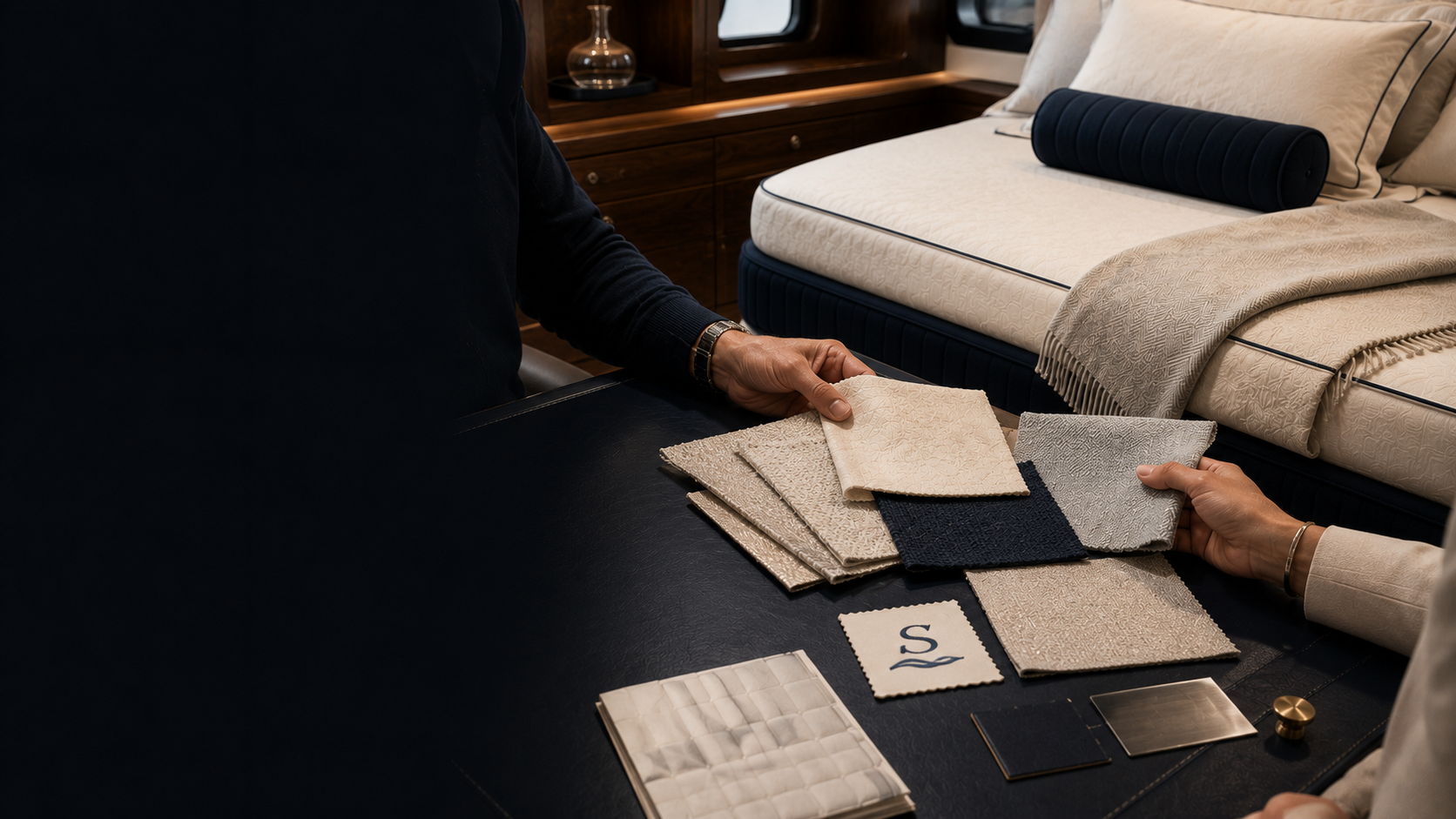 A private textile consultation beside a tailored yacht berth