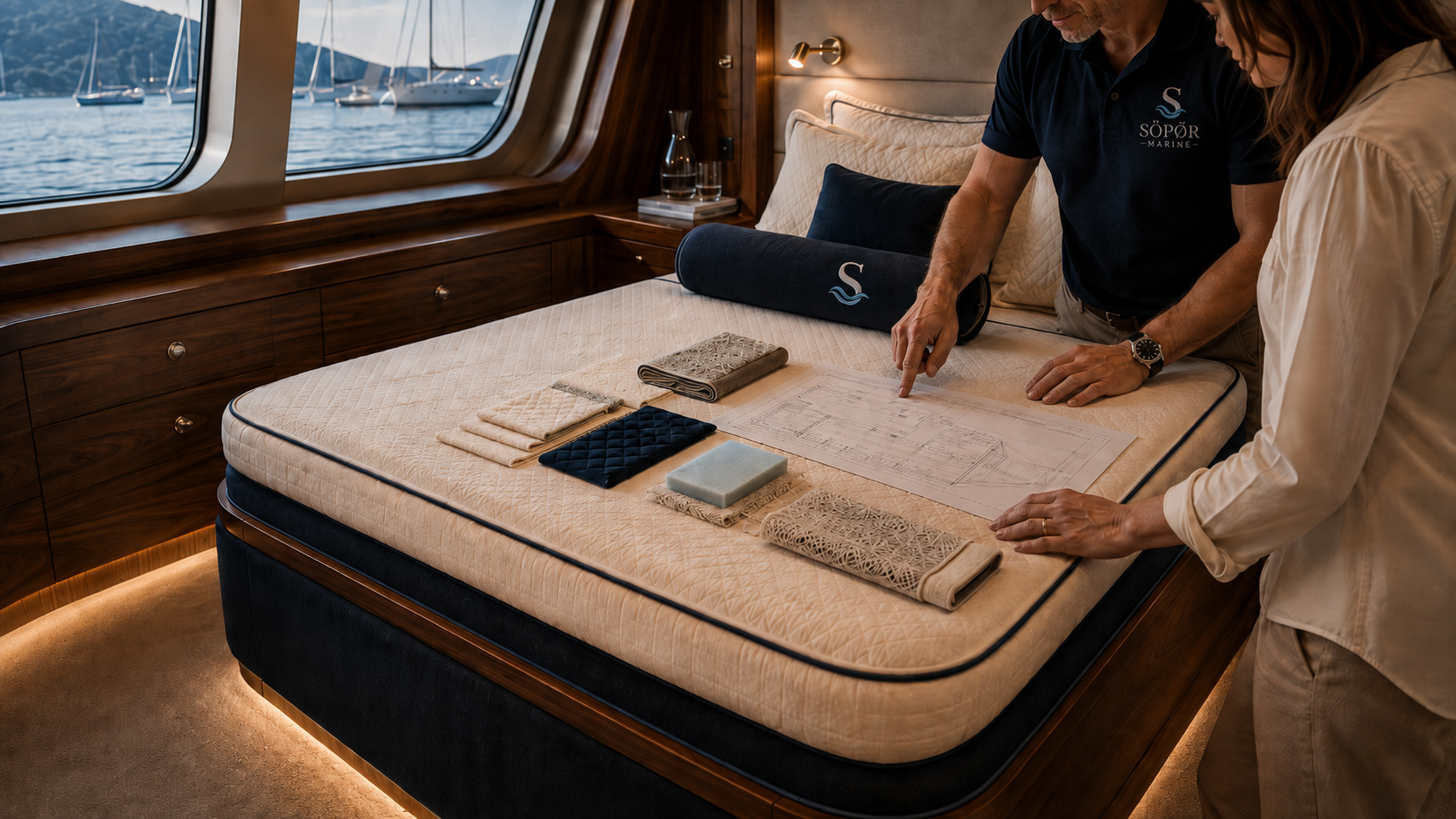 A private yacht-cabin consultation with berth drawings and tailored material samples