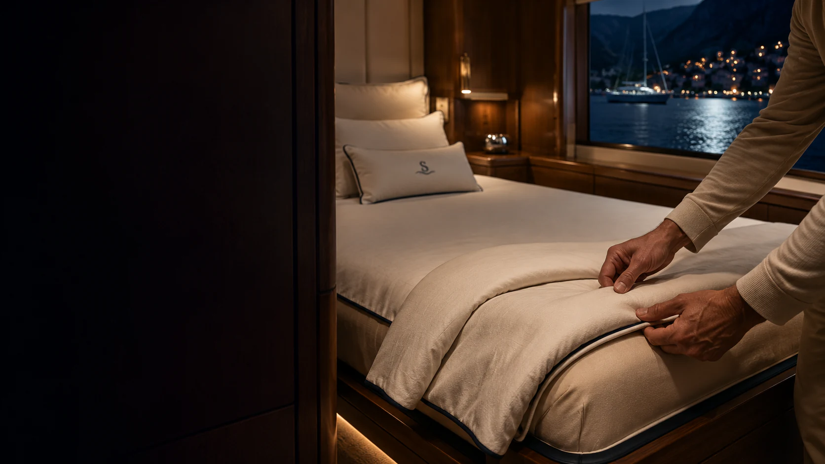 Hands completing the final fold of an ivory duvet on a tailored yacht berth at blue hour