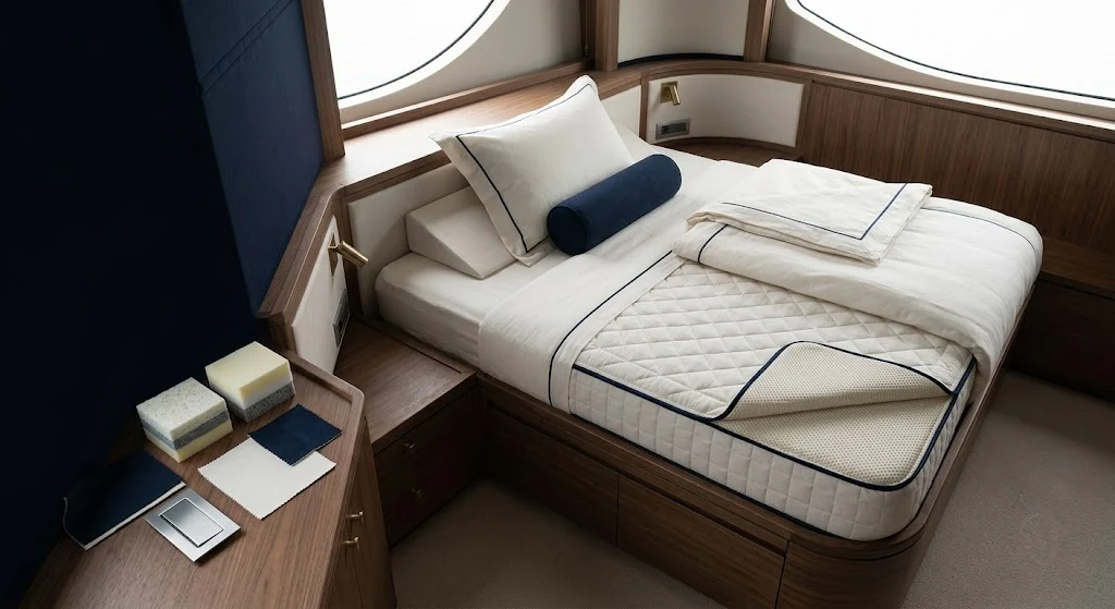 A complete tailored yacht sleep system with layered bedding, support materials, and coordinated textiles