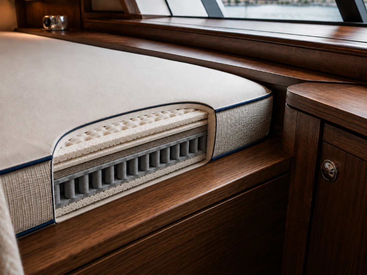 A cutaway yacht mattress fitted against curved walnut berth joinery, revealing its internal layers