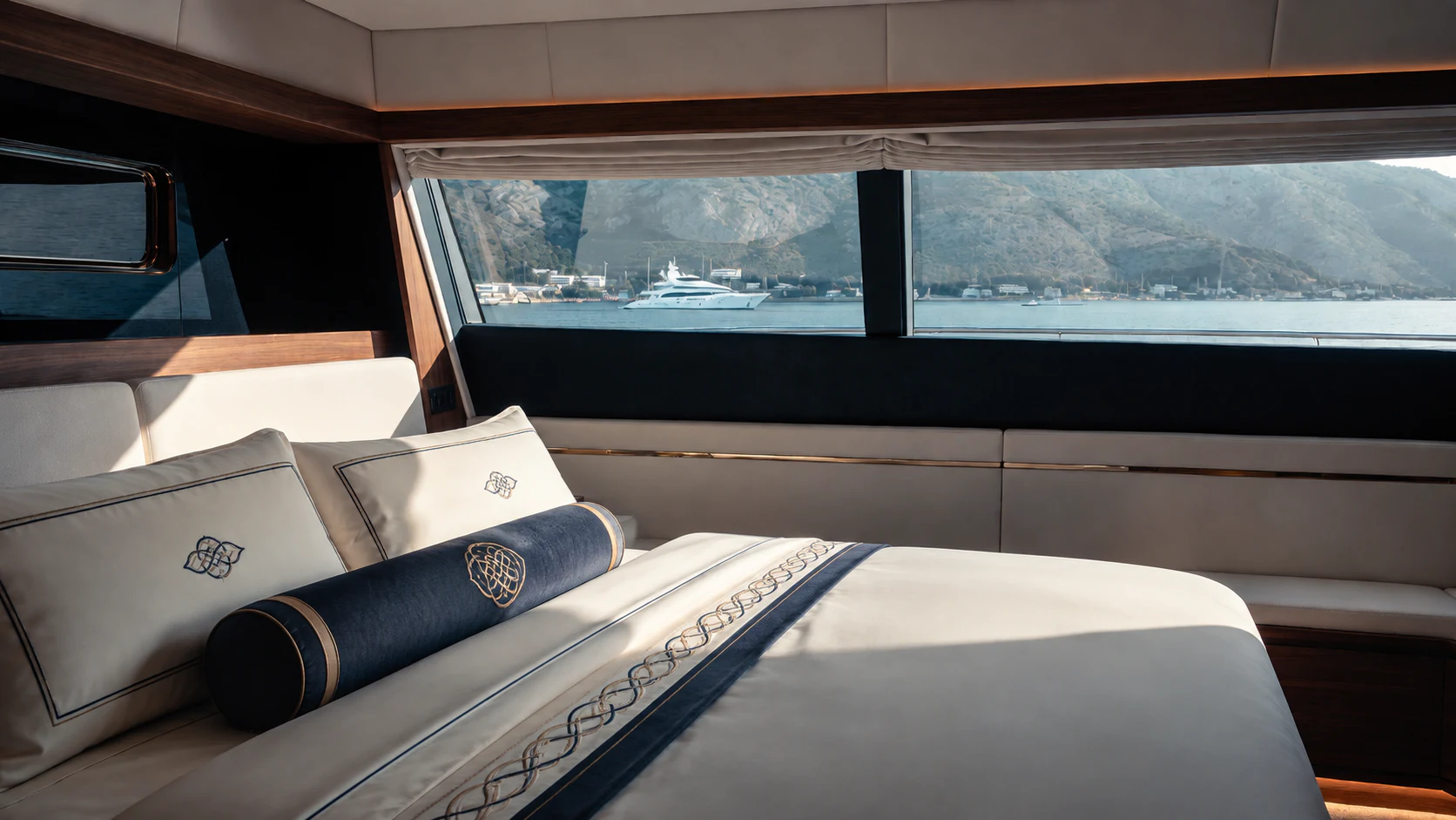 A tailored ivory and navy yacht berth overlooking the mountain harbor of Kotor Bay