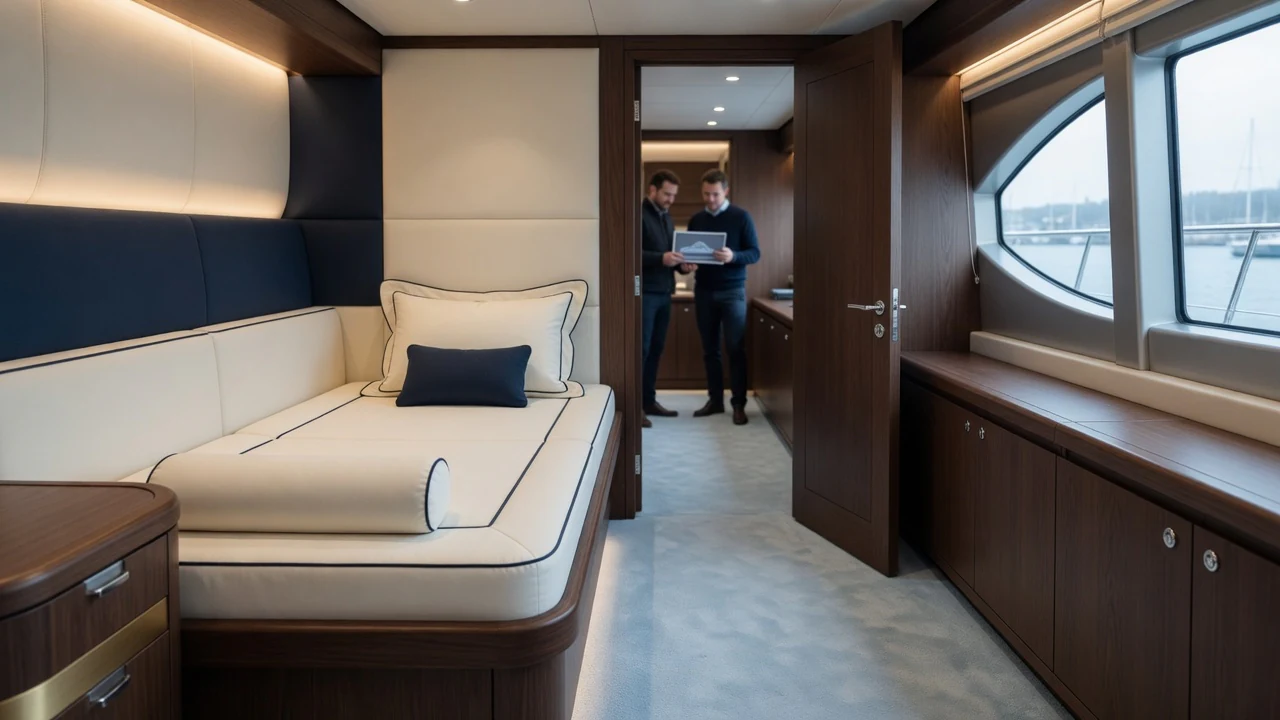 A finished yacht berth in the foreground while two project specialists review cabin plans beyond
