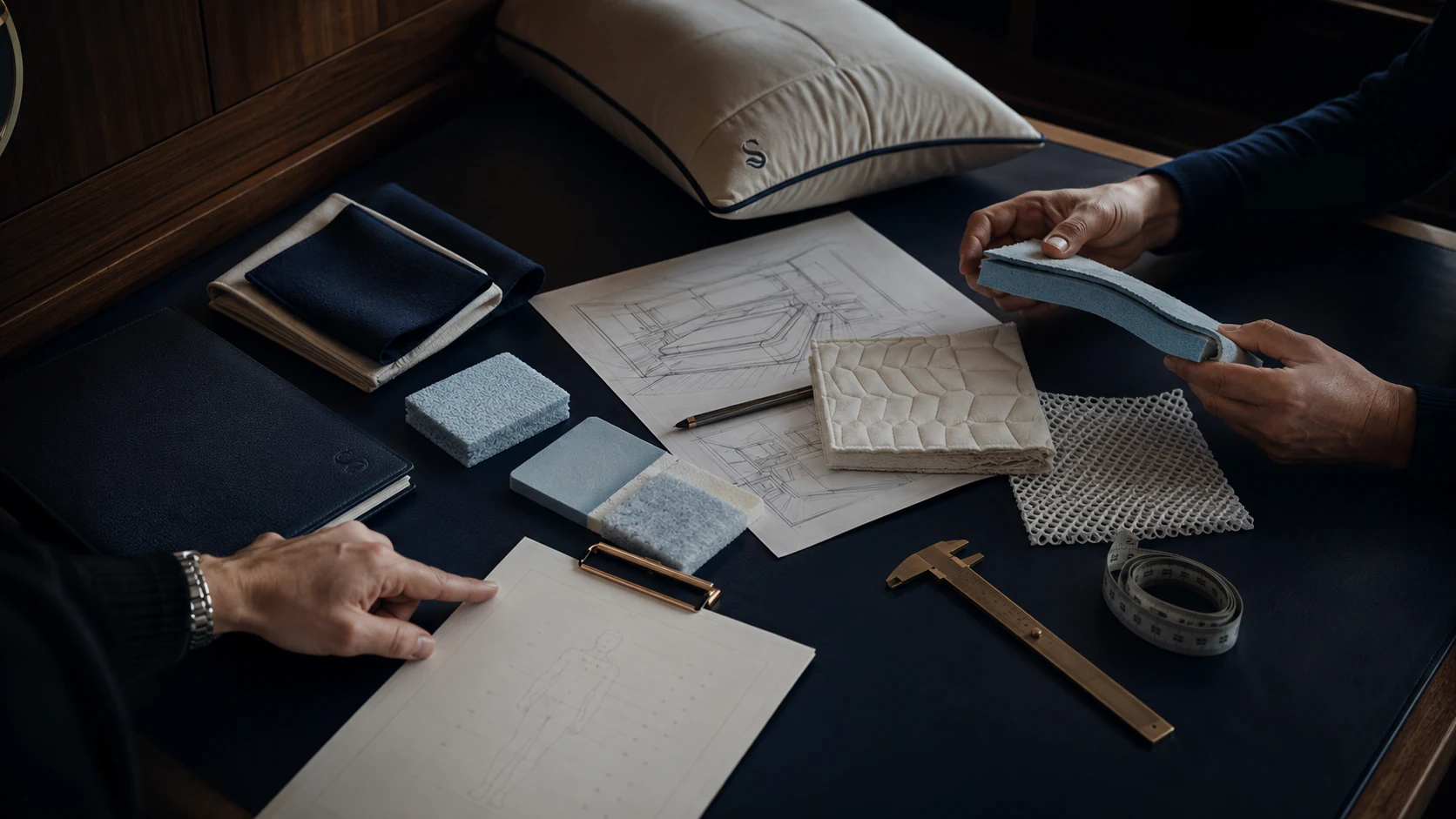 A yacht sleep-system design consultation with material samples, cabin drawings, and measuring tools