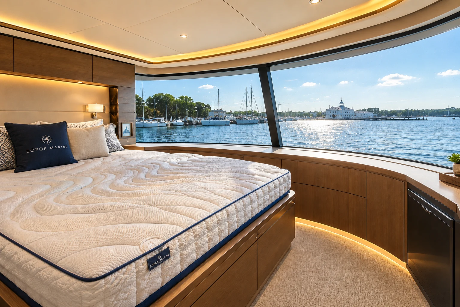 A yacht berth with bright water visible beyond the cabin windows