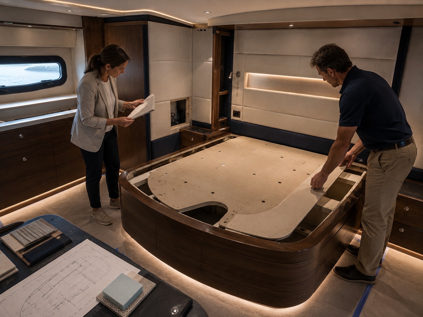 A tailored marine berth integrated with yacht joinery and surrounding cabin materials