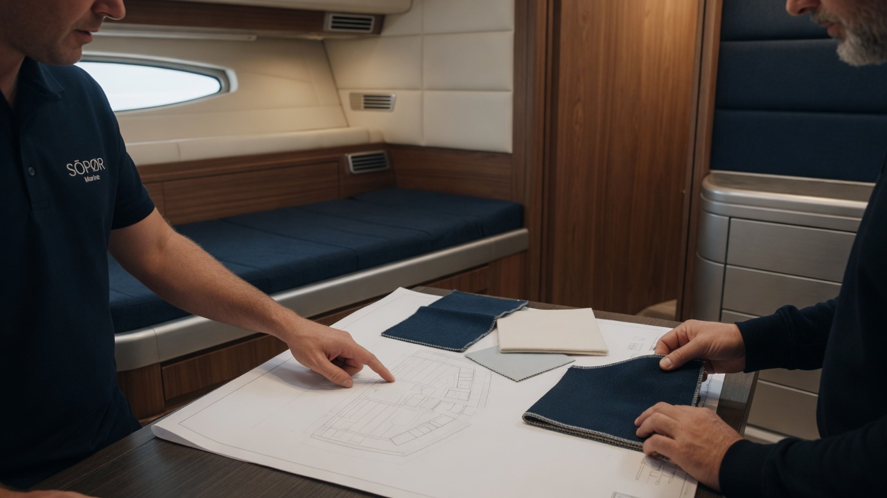 Yacht project partners reviewing berth plans and material samples in a private cabin
